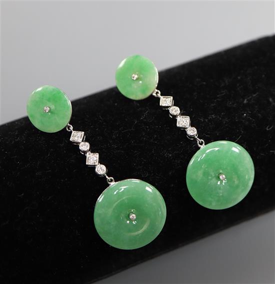 A pair of white gold diamond and jade drop earrings, 5cm